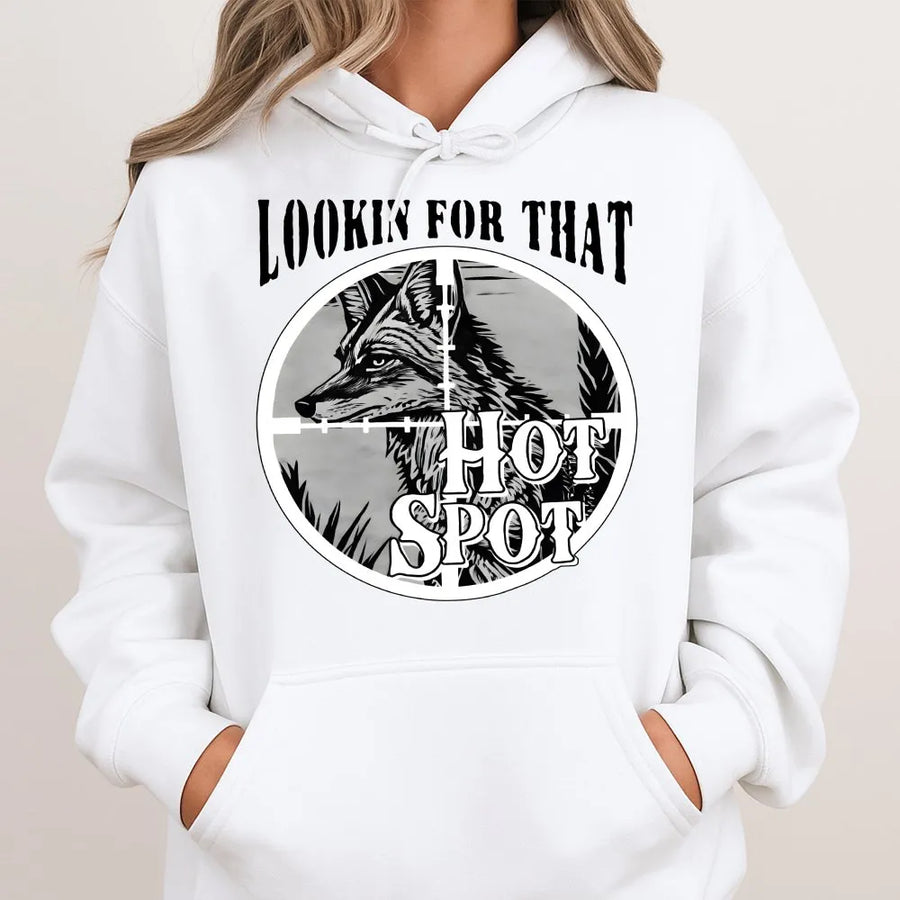 Coyote Hunting Hoodie | Lookin For That Hot Spot Scope Graphic | Cotton-Poly Blend Premium Apparel | Funny Predator Hunter Gift for Men & Women
