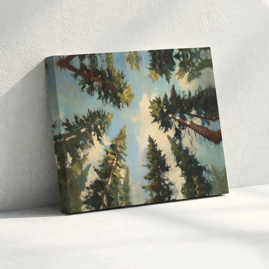Pine Tree Forest Canvas Wall Art | Looking Up At Blue Sky Nature Print | Gallery Quality 1.25" Profile | Modern Woodland Home Decor Gift