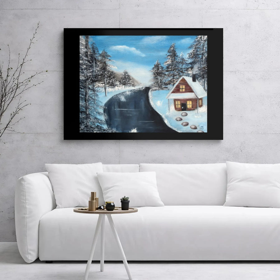 Winter Cabin Canvas Print | Snowy Landscape River Scene Wall Art | Gallery Wrapped Premium Canvas | Cozy Seasonal Home Decor Gift