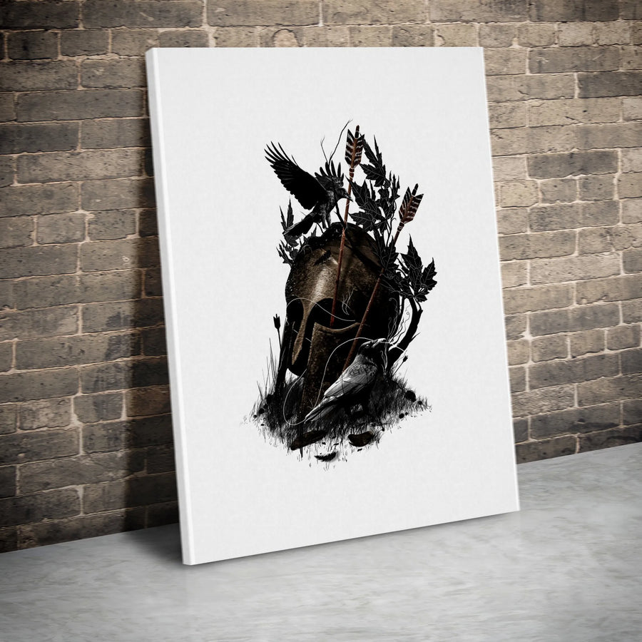 Spartan Helmet Canvas Wall Art | Fallen Warrior with Ravens Sketch | Premium 1.25" Thick Canvas | Stoic Man Cave Decor Gift for Men