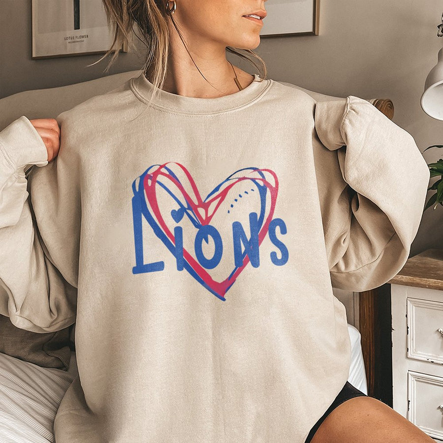 Lions Football Heart Sweatshirt | Red And Blue Doodle Graphic Design | Premium Cotton-Poly Blend | Game Day Gift For Football Fans