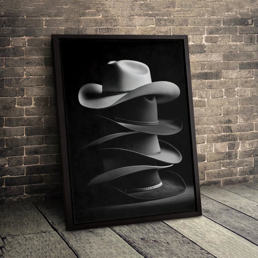 Cowboy Hat Stack Canvas Print | Black and White Western Wall Art | 1.25-Inch Gallery Wrap | Premium Decor for Ranch House or Office