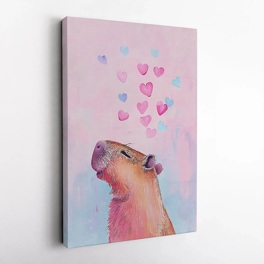 Capybara Wall Art Canvas | Cute Animal With Floating Hearts Print | Gallery-Quality 1.25-Inch Profile | Whimsical Home Decor Gift for Animal Lovers