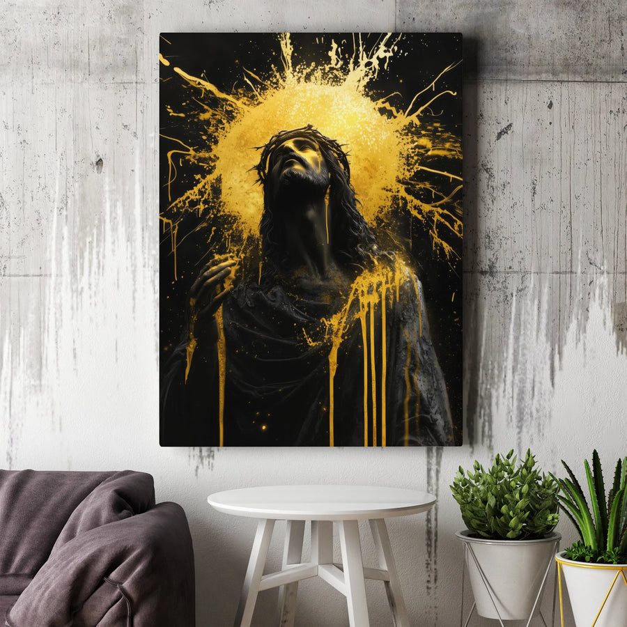 Jesus Christ Wall Art Canvas | Abstract Gold Splatter Crown of Thorns | Premium Thick Gallery Wrap | Inspirational Christian Home Decor Gift