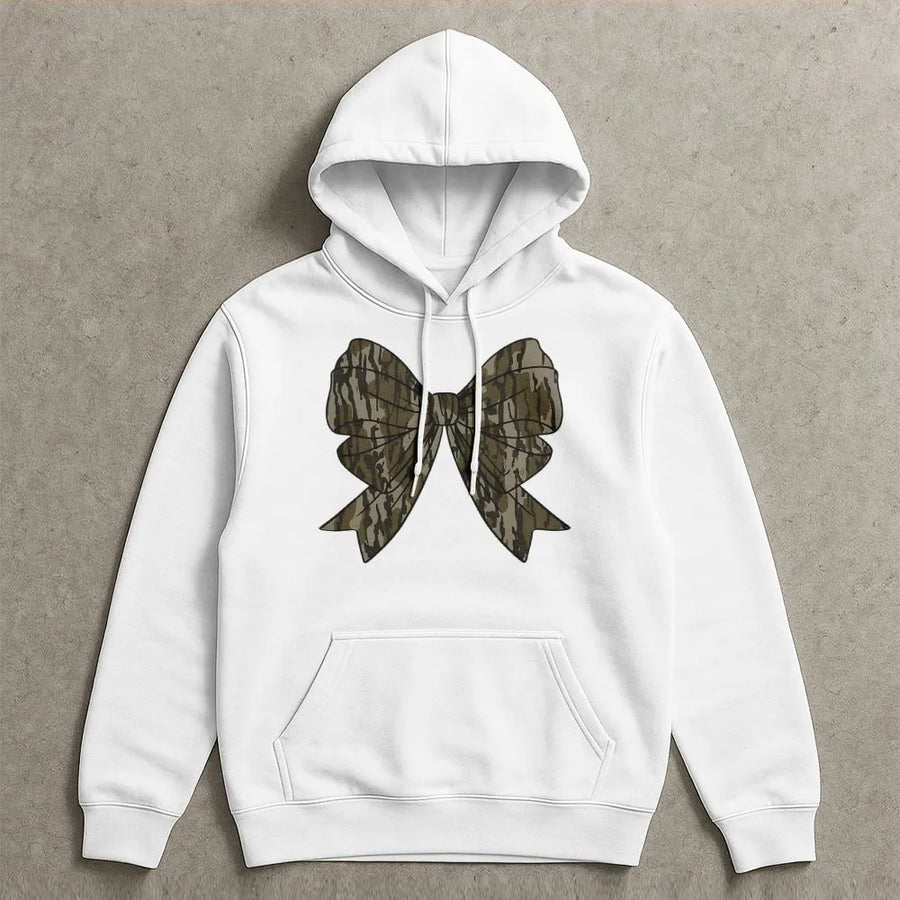 Camo Bow Hoodie | Coquette Aesthetic Camouflage Print | Premium Cotton Blend | Gift for Her Hunter Outdoor Enthusiast