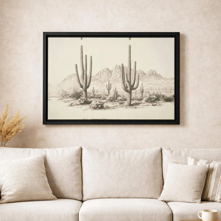 Desert Landscape Canvas Wall Art | Vintage Saguaro Cactus Sketch | Premium 1.25-Inch Gallery Wrap | Southwestern Home Decor Gift
