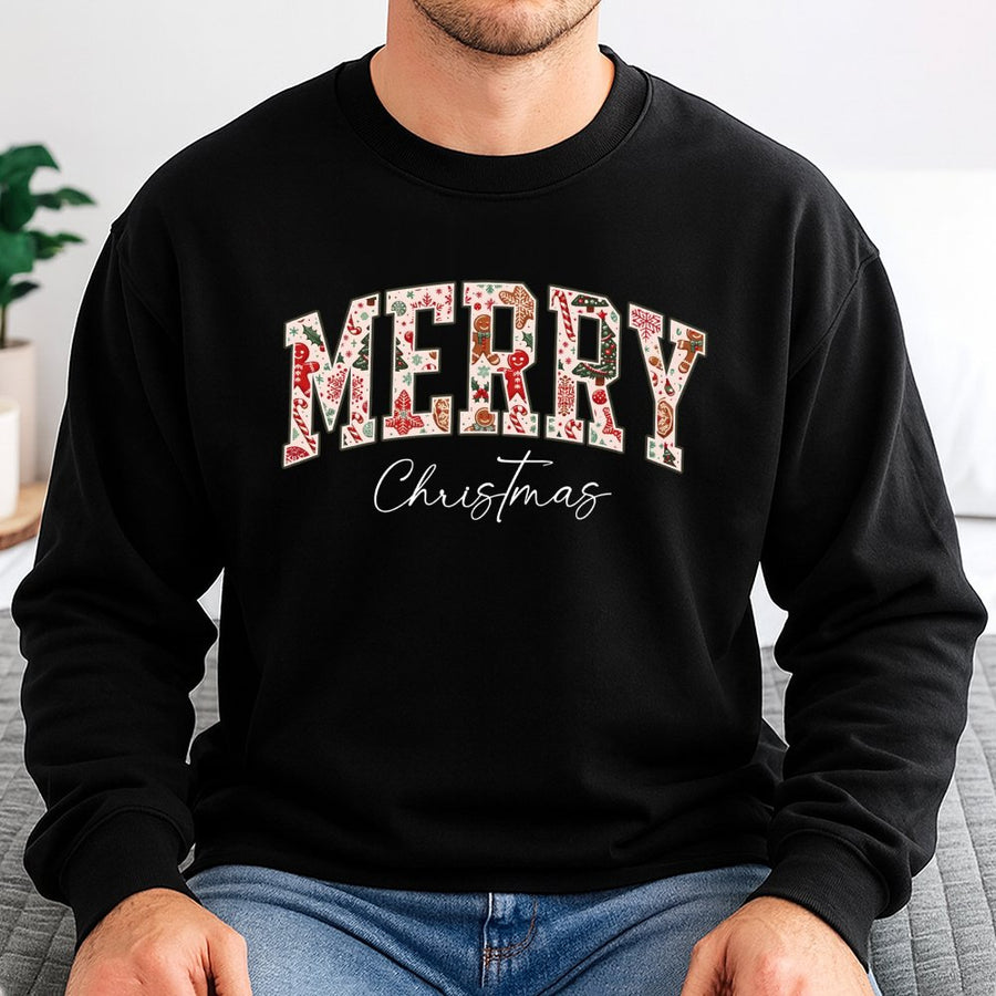 Merry Christmas Sweatshirt | Retro Holiday Pattern Lettering | Soft Cotton Blend Crewneck | Festive Matching Family Gift