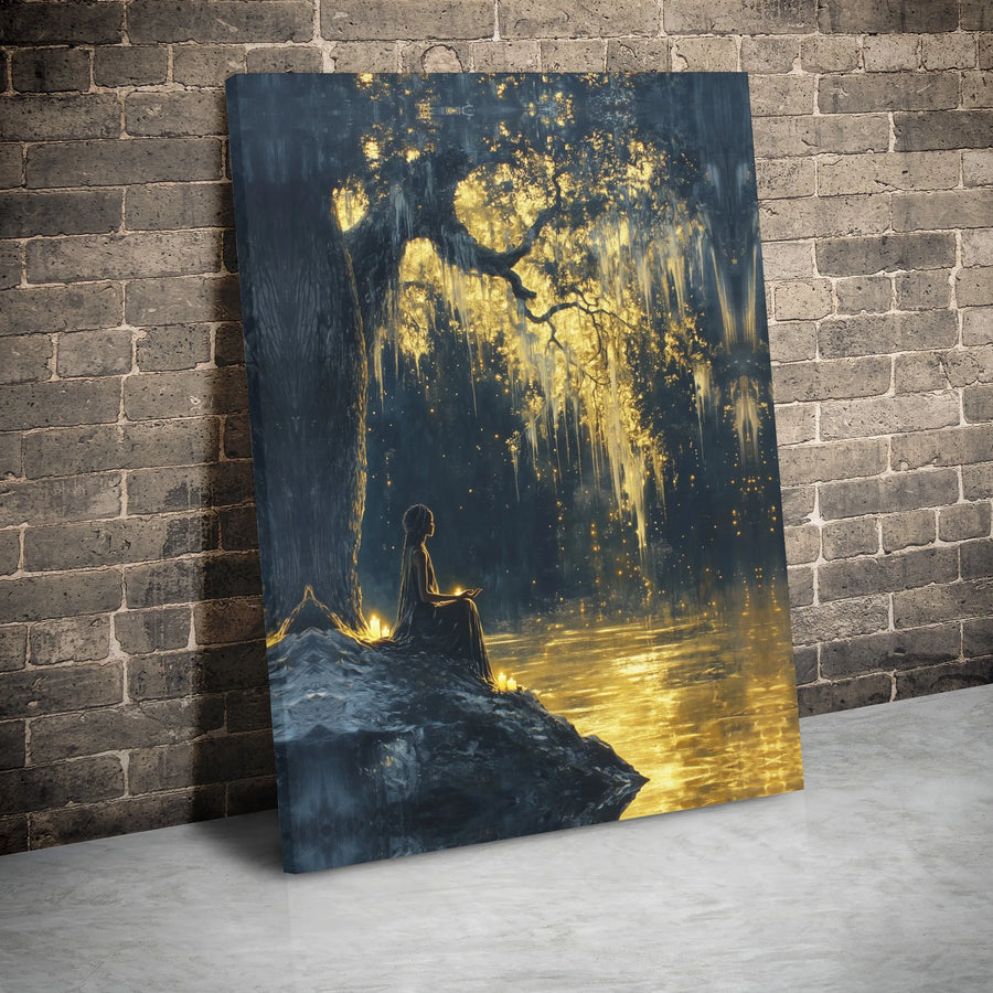 Meditating Woman Canvas Print | Ethereal Golden Forest Wall Art | Premium Gallery-Wrapped Decor | Spiritual Home Office Gift