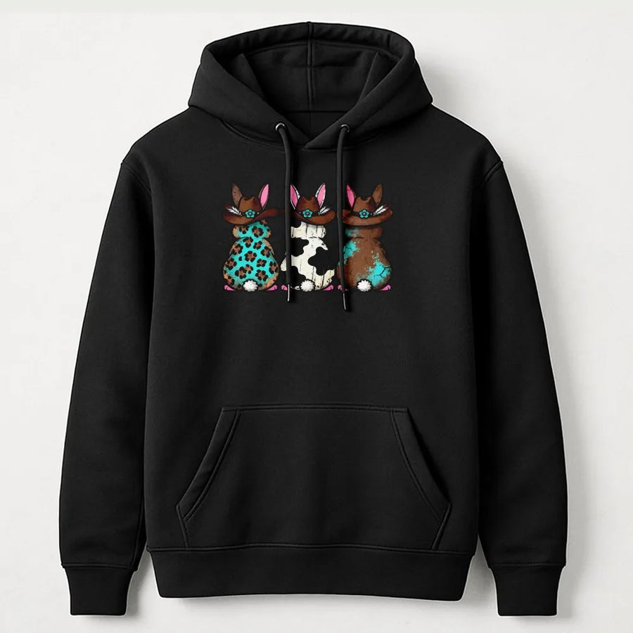 Western Easter Bunny Hoodie | Cowboy Hat Boho Rabbit Graphic | Soft Cotton-Blend Premium Pullover | Fun Spring Holiday Gift For Her