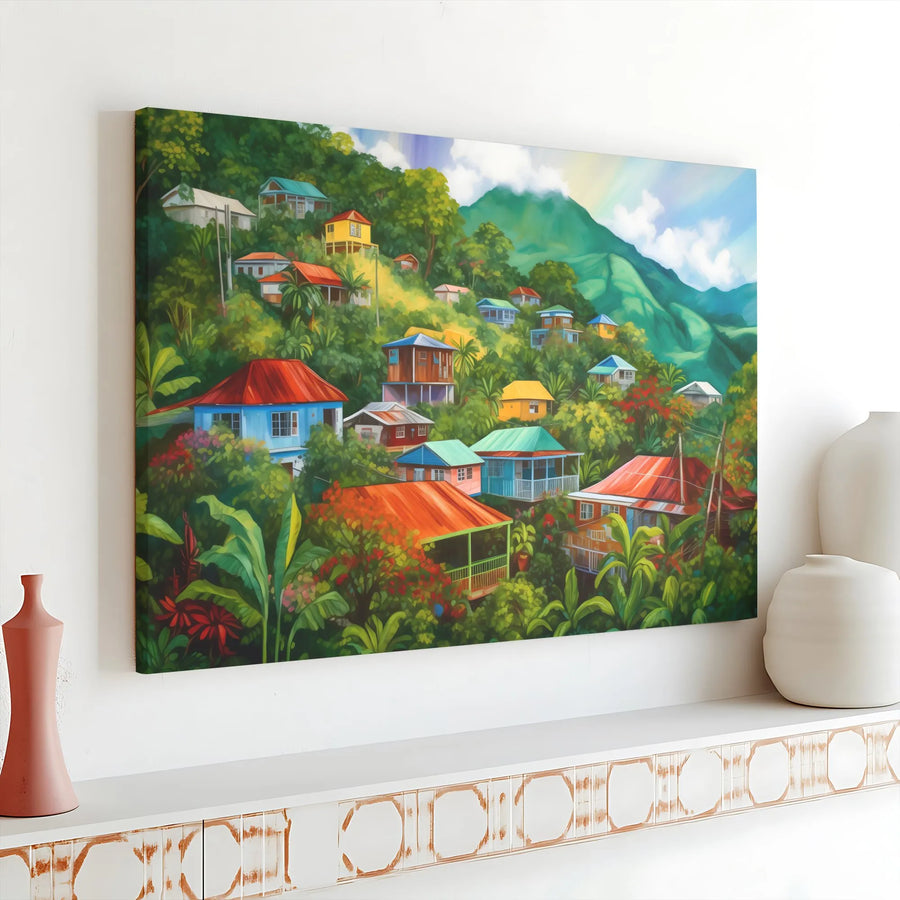 Tropical Village Canvas Print | Colorful Caribbean Hillside Painting | Premium Canvas with Fade-Resistant Inks | Island Wall Decor Gift