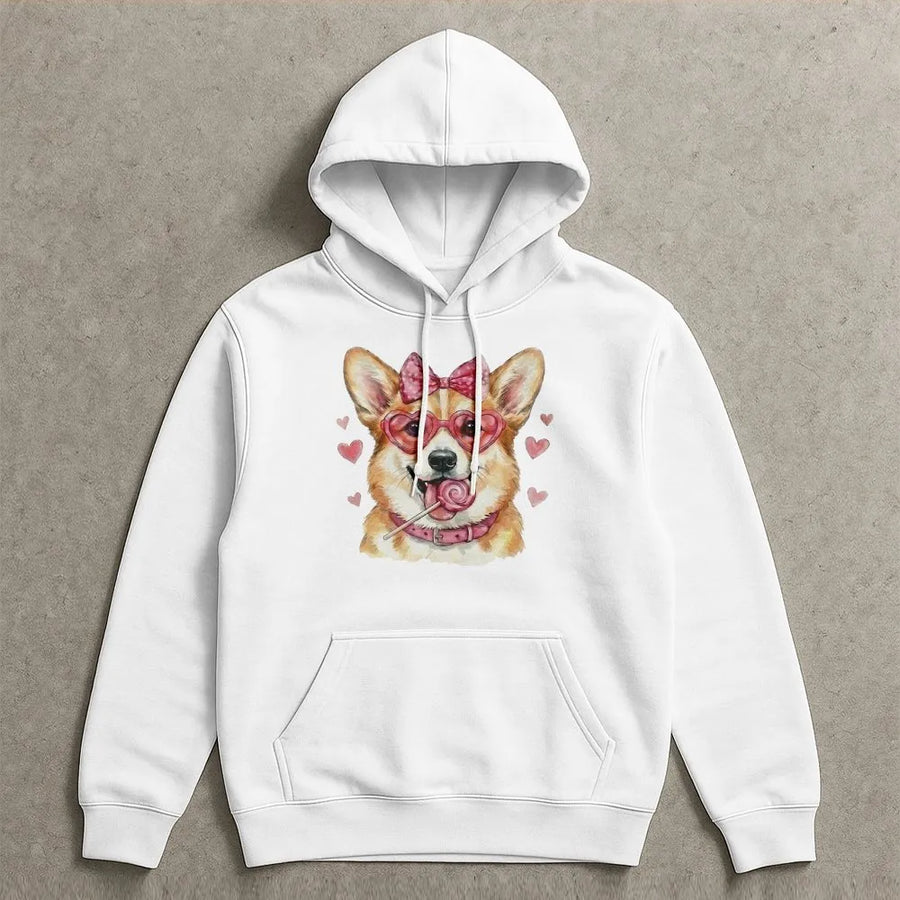 Corgi Hoodie | Cute Heart Glasses Dog Graphic | Premium Cotton Blend | Valentine Gift for Dog Mom Women
