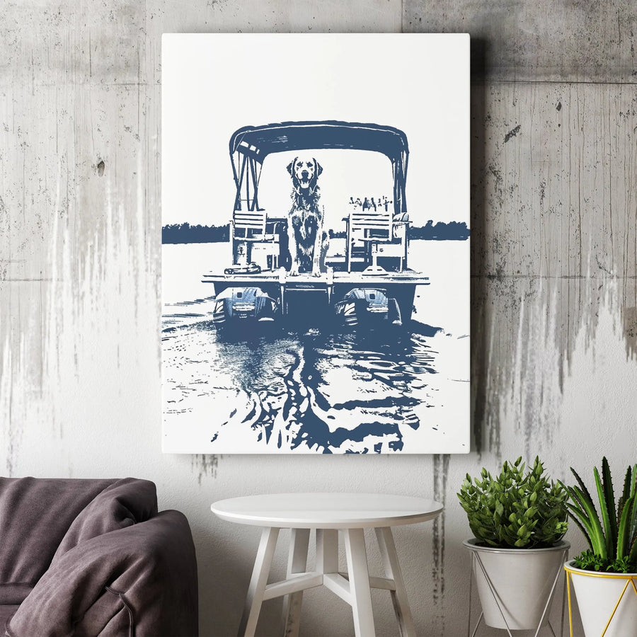 Dog on Pontoon Boat Canvas | Minimalist Nautical Wall Art | Premium Fade-Resistant Print | Gift for Lake House Decor