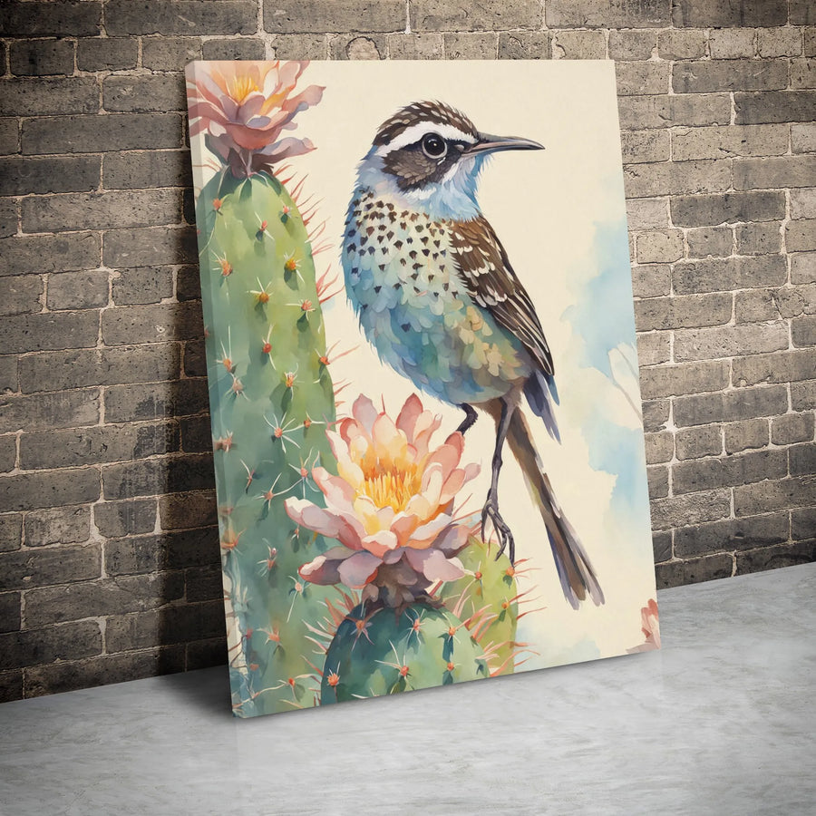 Cactus Wren Wall Art | Watercolor Desert Bird & Prickly Pear Print | Premium Gallery-Wrap Canvas | Southwestern Home Decor Gift