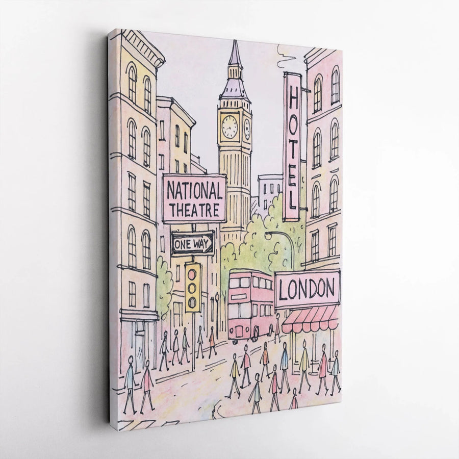 London Cityscape Canvas Art | Watercolor Sketch Print of Big Ben & Red Bus | Premium 1.25-Inch Gallery Wrap | Travel Enthusiast Home Decor Gift