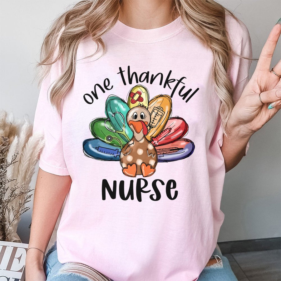 One Thankful Nurse T-Shirt | Thanksgiving Medical Turkey Graphic | 100% Cotton Premium Tee | Cute RN Nursing Student Fall Holiday Gift