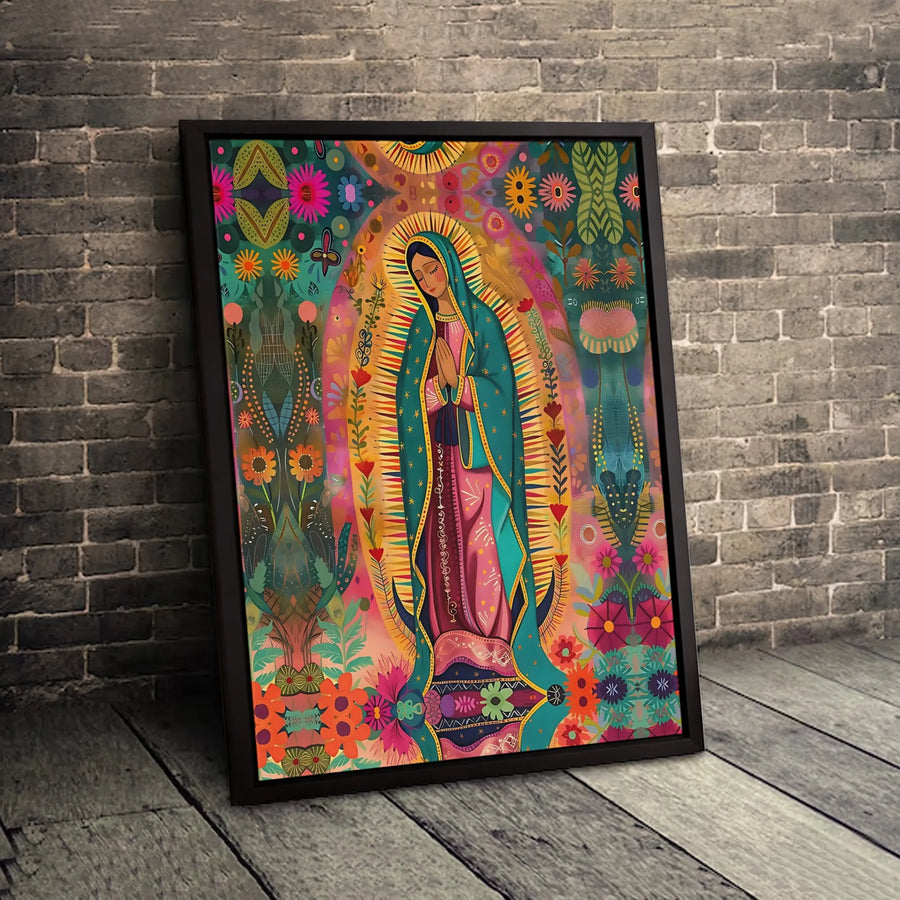 Our Lady of Guadalupe Canvas Art | Colorful Floral Folk Art Print | Premium 1.25-Inch Thick Gallery Wrap | Religious Home Wall Decor Gift