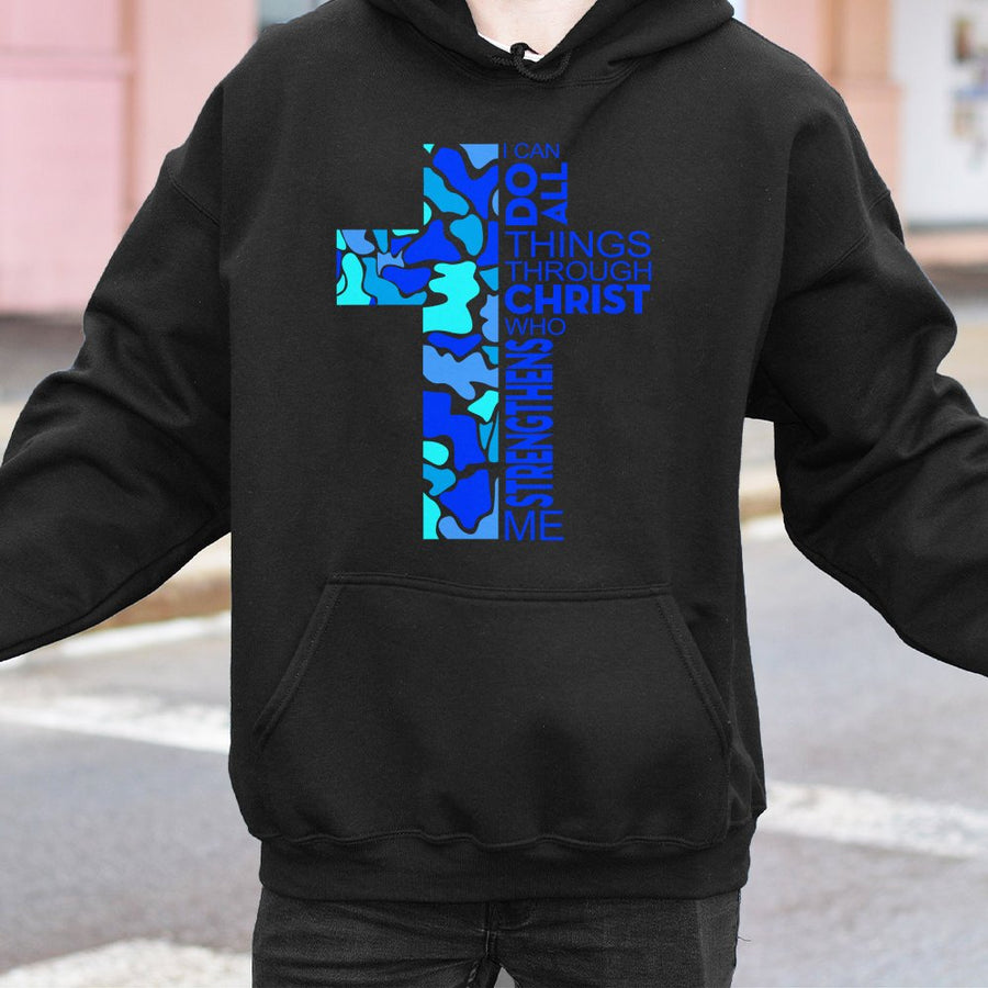 Christian Hoodie | Blue Camo Cross Philippians 4:13 Bible Verse | Premium Cotton-Blend Graphic Pullover | Religious Gift for Men and Women