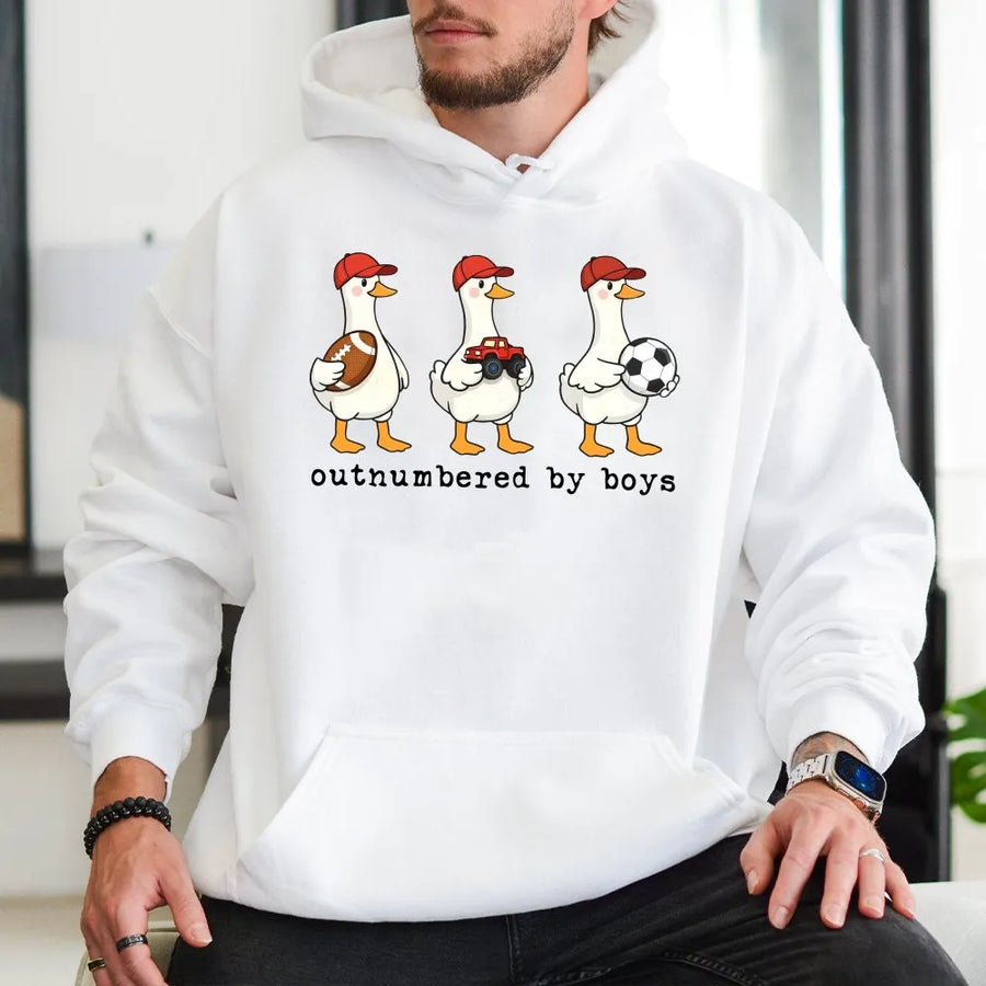 Funny Boy Mom Hoodie | Outnumbered By Boys Goose Graphic | Premium Cotton Blend | Mothers Day Gift for Mama