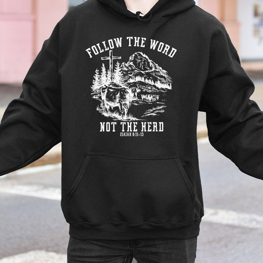 Follow The Word Not The Herd Hoodie | Christian Scripture Cross Graphic | Premium Cotton Blend Sweatshirt | Religious Faith Gift For Believers