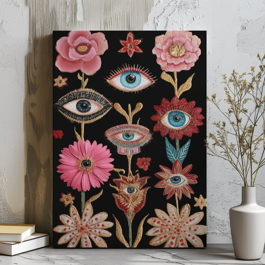 Mystical Evil Eye Canvas Wall Art | Floral Boho Decor with Gold Accents | Premium Gallery Wrapped Canvas | Spiritual Home Decor Gift