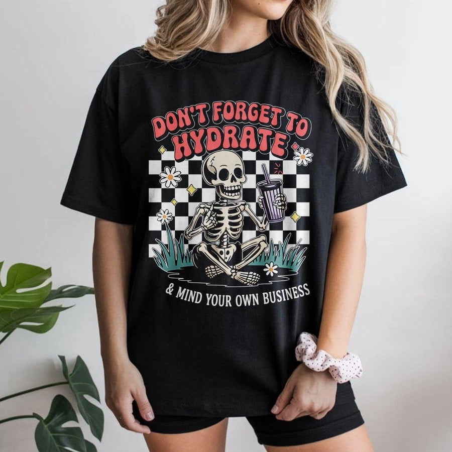 Don't Forget to Hydrate Skeleton T-Shirt | Funny Retro Checkered Graphic Tee | Premium 100% Cotton | Sarcastic Gift for Women & Men