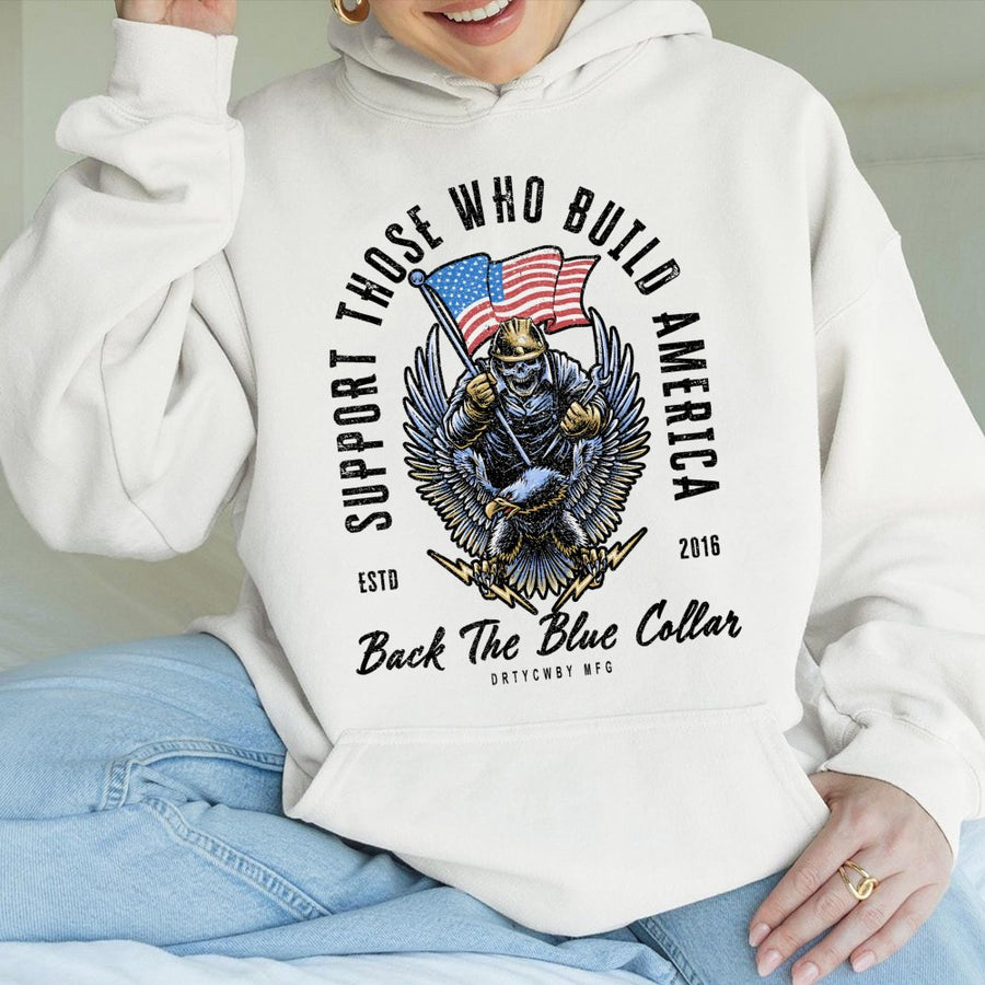 Blue Collar Worker Hoodie | Patriotic American Eagle Construction Skeleton Design | Premium Cotton Blend | Gift for Builder Welder Contractor