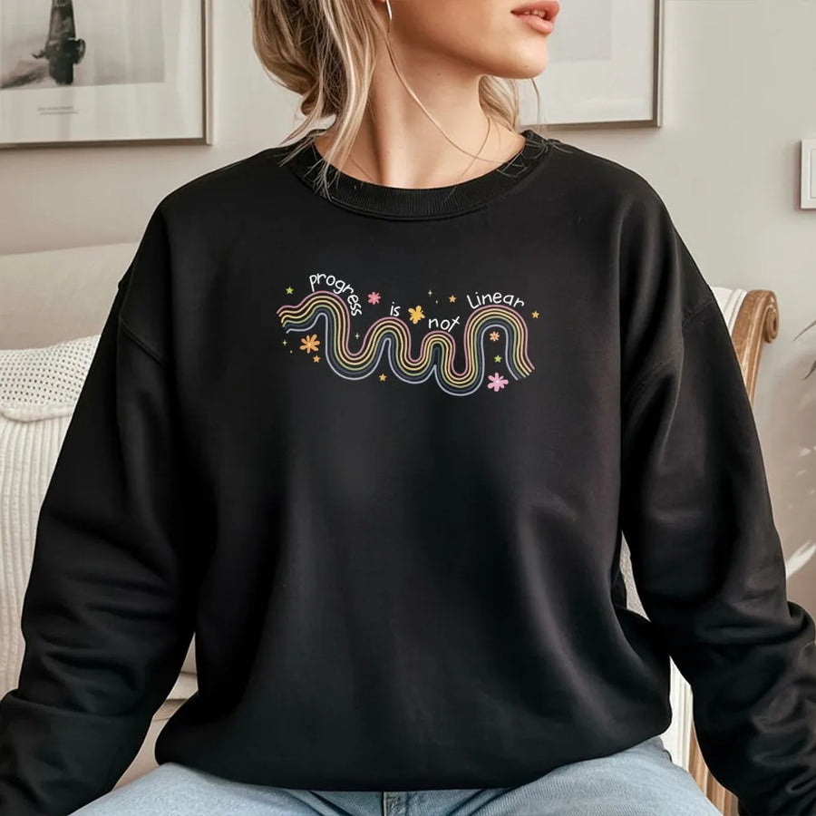 Progress Is Not Linear Sweatshirt | Retro Rainbow Aesthetic Graphic | Premium Cotton Blend | Inspirational Gift for Teachers, Students, and Counselors