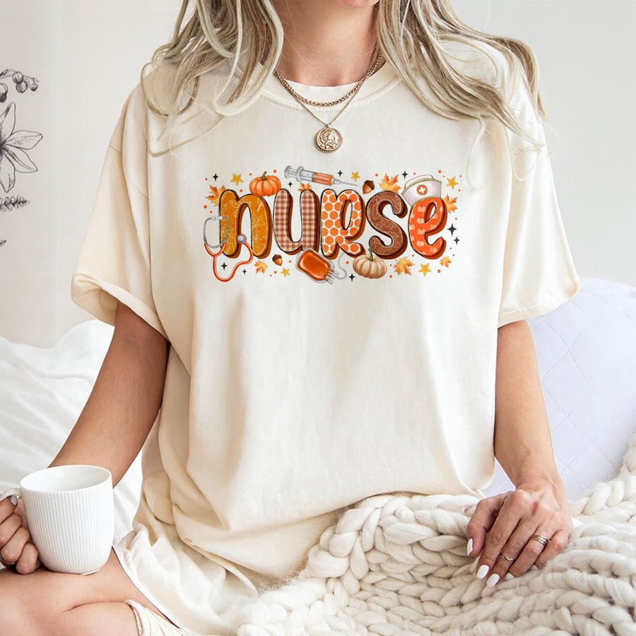 Fall Nurse T-Shirt | Pumpkin Spice Nursing Graphic Tee | 100% Cotton Premium Gift | Cute Autumn RN Appreciation Apparel for Her