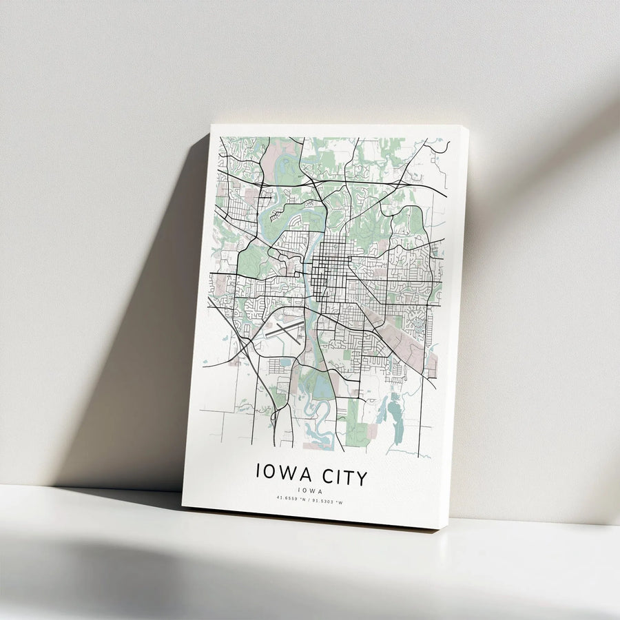 Iowa City Map Canvas Print | Minimalist Street Map Wall Art with Coordinates | Premium Gallery Wrapped | Housewarming Gift for Iowa Residents