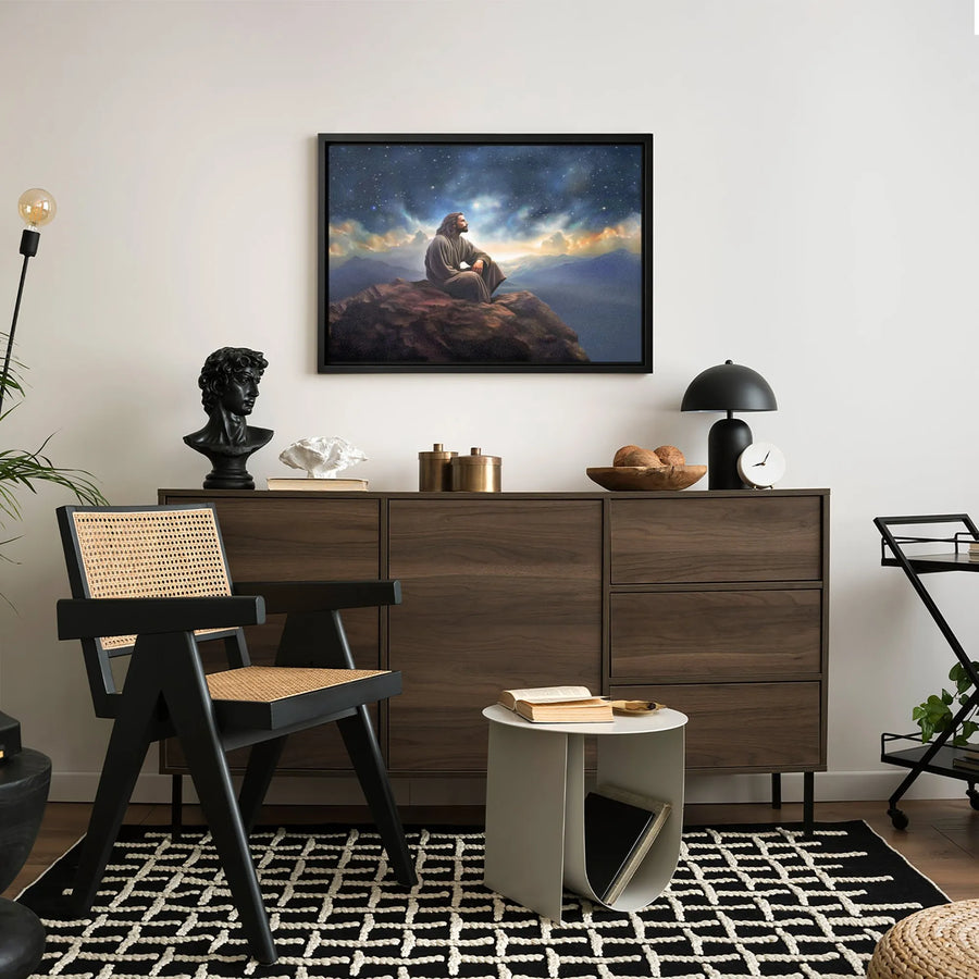 Jesus on Mountain Canvas Print | Serene Starry Sky Landscape Art | Premium Gallery-Wrapped Decor | Christian Wall Art Gift for Home or Church