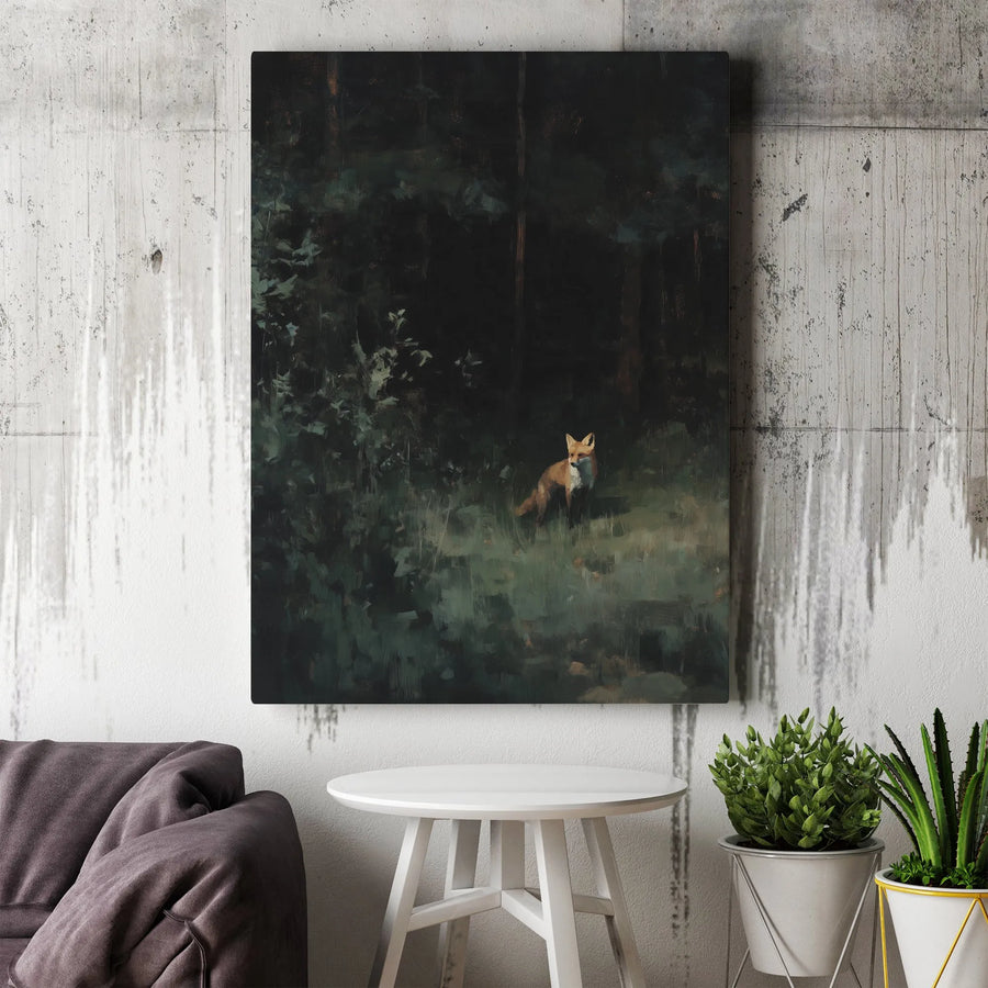 Fox in Dark Forest Canvas Wall Art | Moody Forest Wildlife Painting | Gallery Quality 1.25" Thick Print | Nature Lover Home Decor Gift
