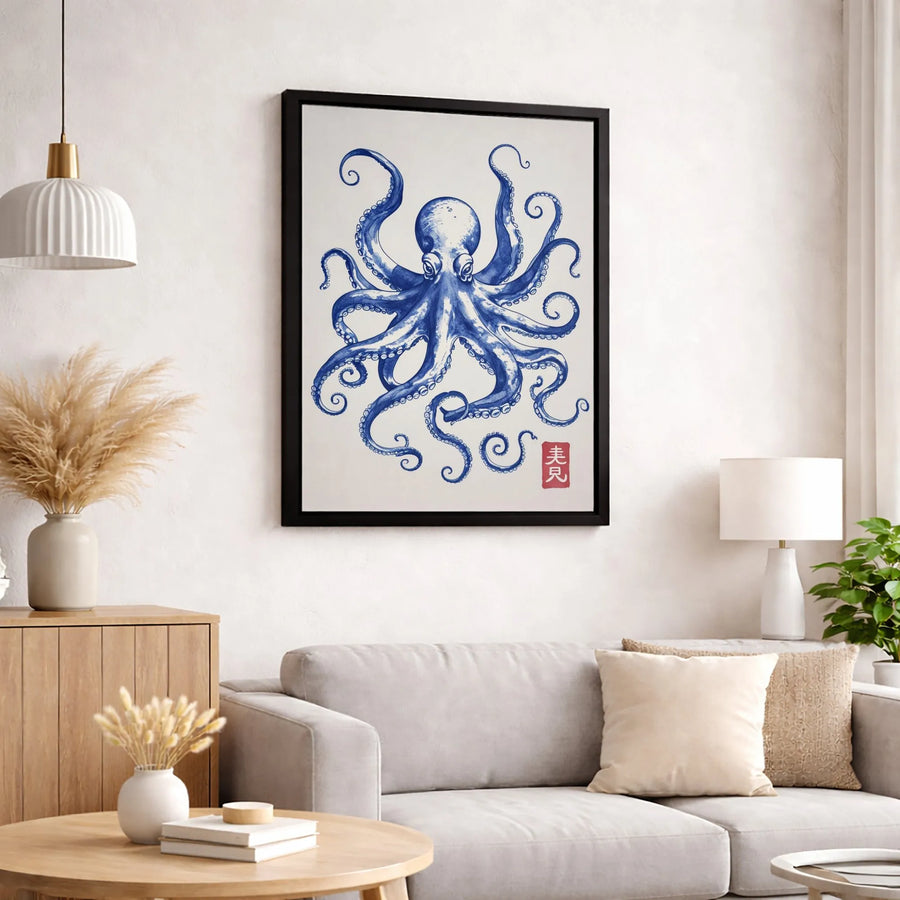 Japanese Octopus Canvas Wall Art | Blue Ink Marine Life Print | Premium Gallery Wrapped 1.25" Profile | Nautical Home Decor Gift for Ocean Lovers