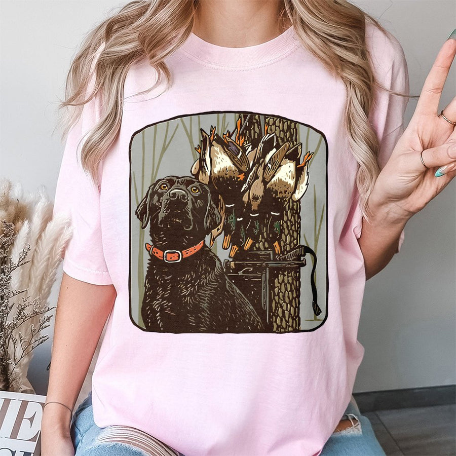 Black Lab Duck Hunting T-Shirt | Waterfowl Retriever Graphic Tee | Premium 100% Cotton Apparel | Gift For Hunters And Outdoor Enthusiasts