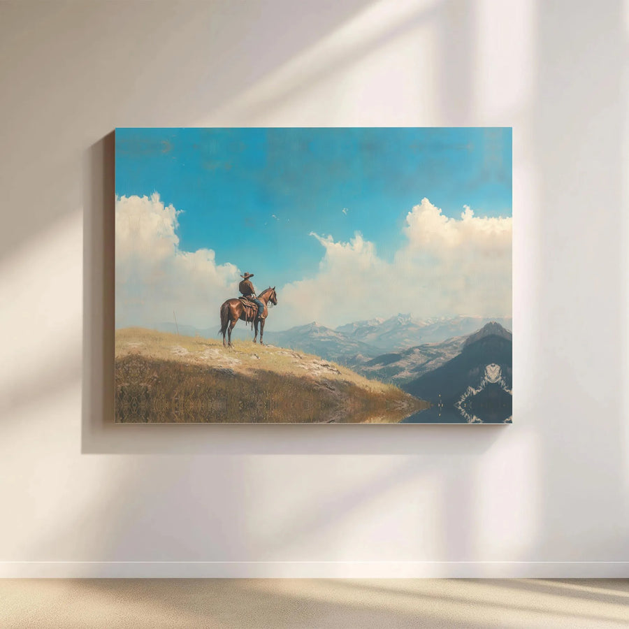 Western Cowboy Horse Canvas Wall Art | Mountain Valley Landscape Print | Gallery Quality 1.25-inch Profile | Rustic Home Office Decor Gift