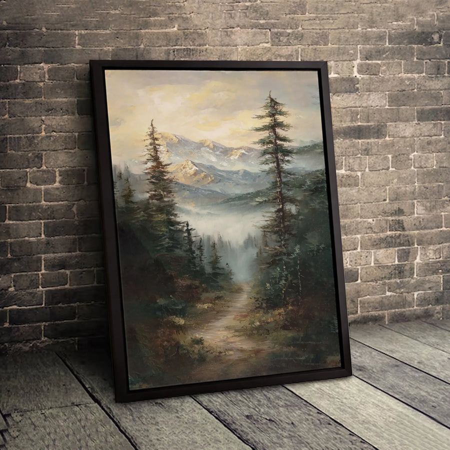 Misty Mountain Forest Canvas Wall Art | Moody Landscape Oil Painting Print | Premium 1.25-Inch Gallery Wrap | Nature-Inspired Home Office Decor