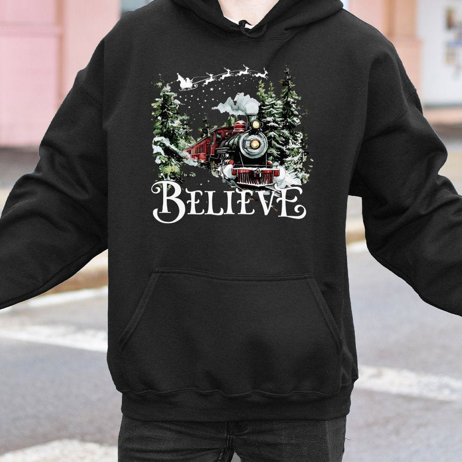 Believe Christmas Train Hoodie | Vintage Winter Holiday Graphic | Premium Cotton-Poly Blend | Cozy Unisex Gift for Train Lovers
