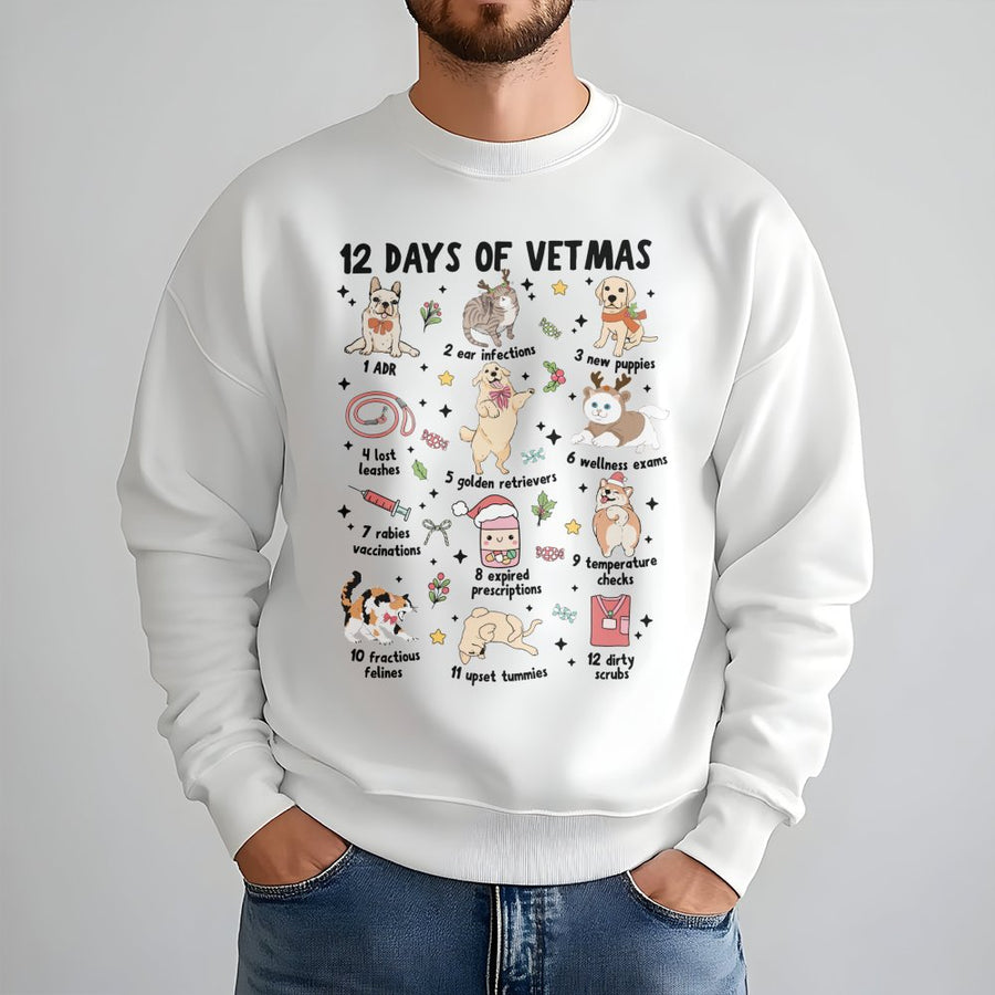 12 Days Of Vetmas Sweatshirt | Funny Veterinary Clinic Graphic | Premium Cotton Blend | Gift For Vet Tech And Veterinarian