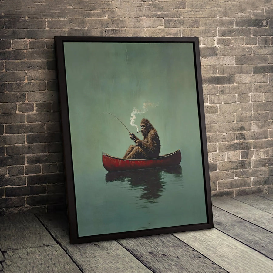 Bigfoot Fishing in Canoe Wall Art | Funny Sasquatch Smoking Cigar Print | Premium Gallery Wrapped Canvas | Rustic Cabin Decor Gift for Him