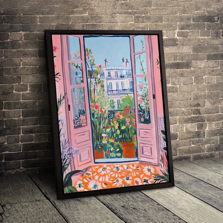 Parisian Balcony Canvas Wall Art | Pink French Doors Garden View Painting | Premium Gallery Wrap Decor | Aesthetic Gift for Travel Lovers