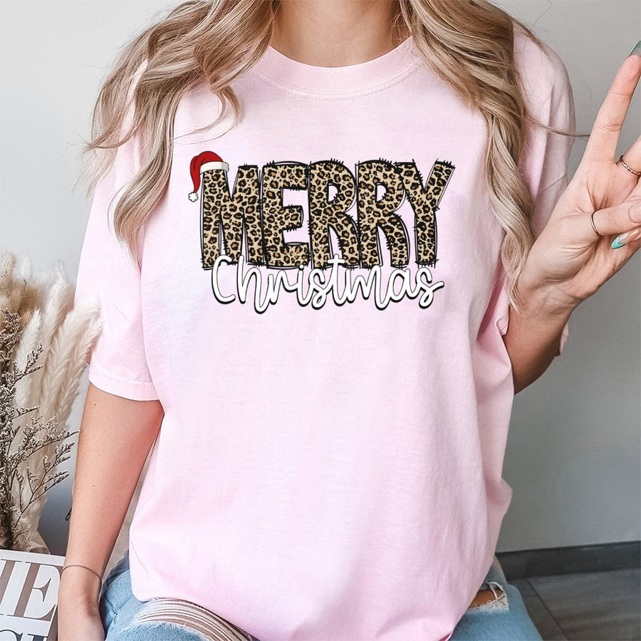 Merry Christmas Leopard Print T-Shirt | Santa Hat Graphic Design | 100% Cotton Premium Tee | Festive Holiday Gift for Women and Men