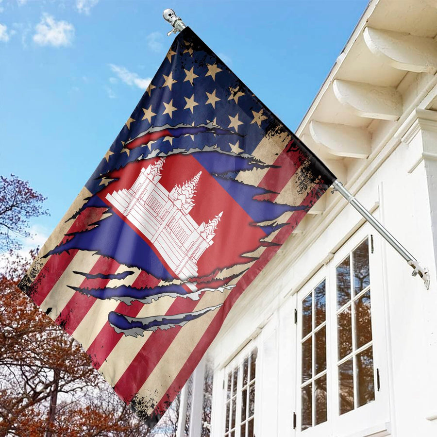 Cambodian American Flag Garden Flag | Torn Fabric Style Double-Sided Design | Premium Fade-Resistant Polyester | Heritage Home Decor Gift
