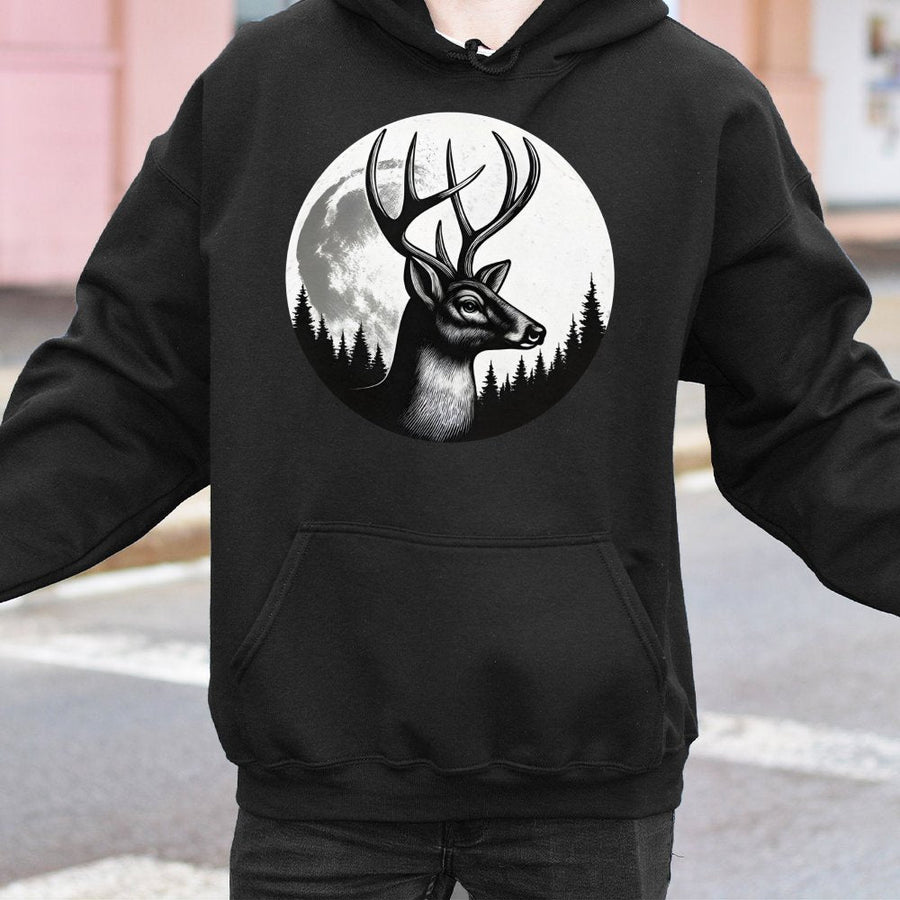 Deer Antler Hoodie | Moonlit Pine Forest Graphic Art | Soft Cotton Blend Premium Pullover | Outdoor Hunting Nature Gift For Wildlife Lovers