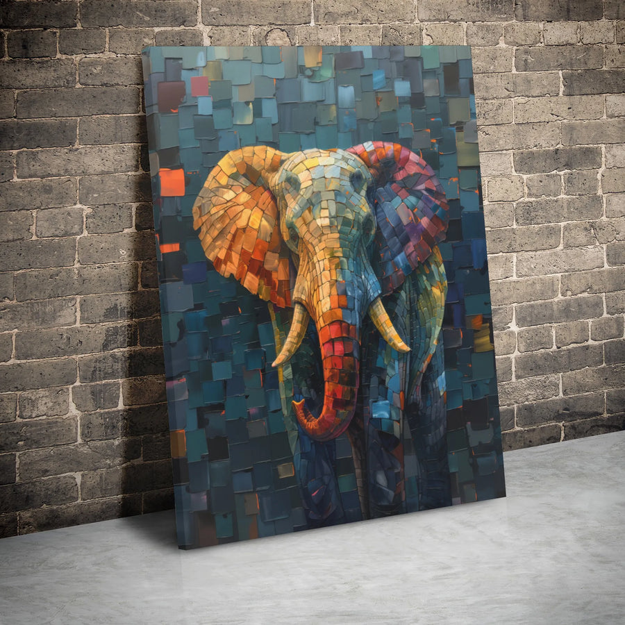 Colorful Elephant Canvas Art | Abstract Mosaic Animal Wall Decor | 1.25" Gallery Wrap Premium Print | Wildlife Home Office Gift