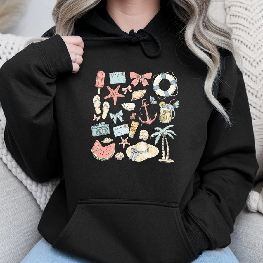 Coastal Coquette Hoodie | Vintage Summer Beach Icons Graphic | Soft Cotton Blend Pullover | Gift for Her, Girls Trip Vacation Outfit