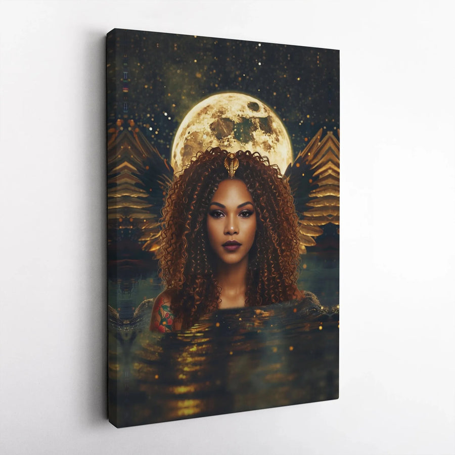 African American Goddess Canvas Art | Celestial Egyptian Queen with Full Moon | Premium Gallery-Wrapped Print | Spiritual Home Decor Wall Art