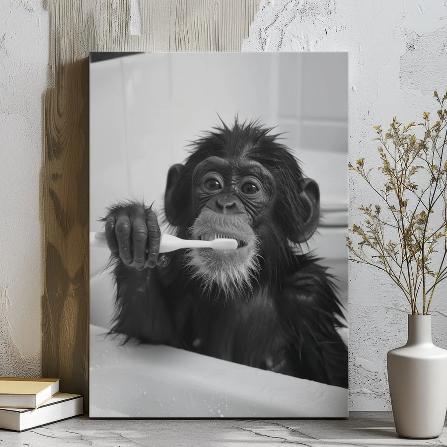 Funny Chimp Canvas Wall Art | Bathroom Decor Portrait | Premium Gallery Wrapped Print | Quirky Animal Gift for Bathroom Wall
