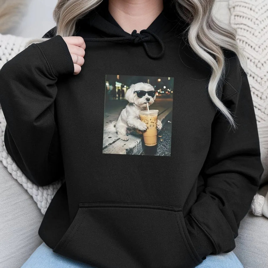 Funny Maltese Dog Hoodie | Dog with Sunglasses Drinking Coffee | Soft Unisex Pullover | Premium Gift for Dog Mom & Coffee Lover