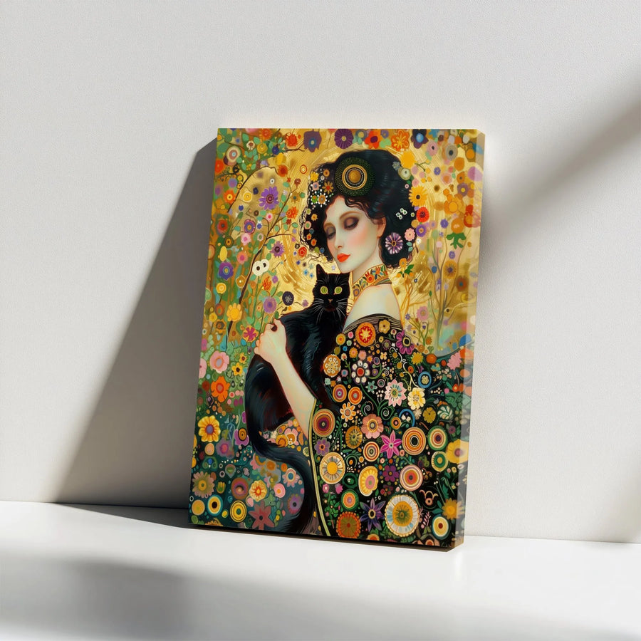 Art Nouveau Canvas Print | Woman With Black Cat Floral Gold Wall Art | Premium Gallery Wrapped Decor | Unique Gift For Cat Lovers