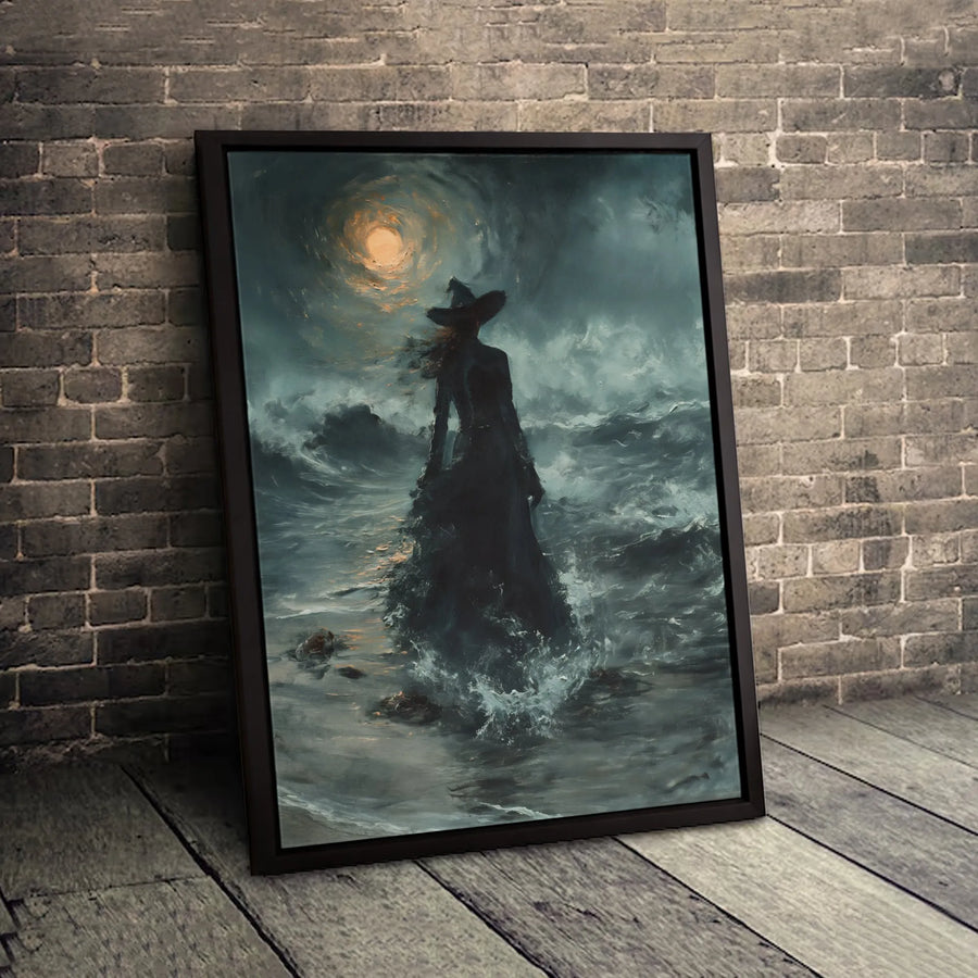 Gothic Witch Canvas Wall Art | Moody Stormy Ocean Witchcraft Decor | Premium Fade-Resistant Gallery Wrap | Dark Academia Fantasy Gift