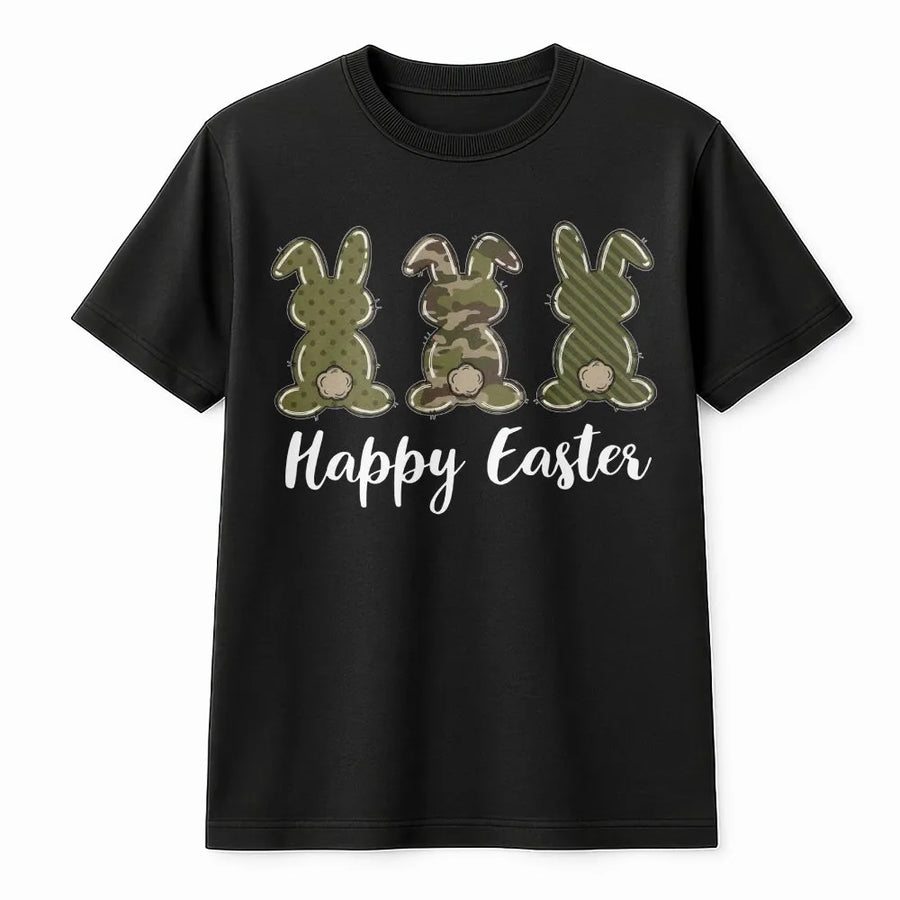 Camo Easter Bunny T-Shirt | Rustic Patterned Rabbit Graphic | 100% Cotton Premium Tee | Unique Easter Gift for Kids and Adults